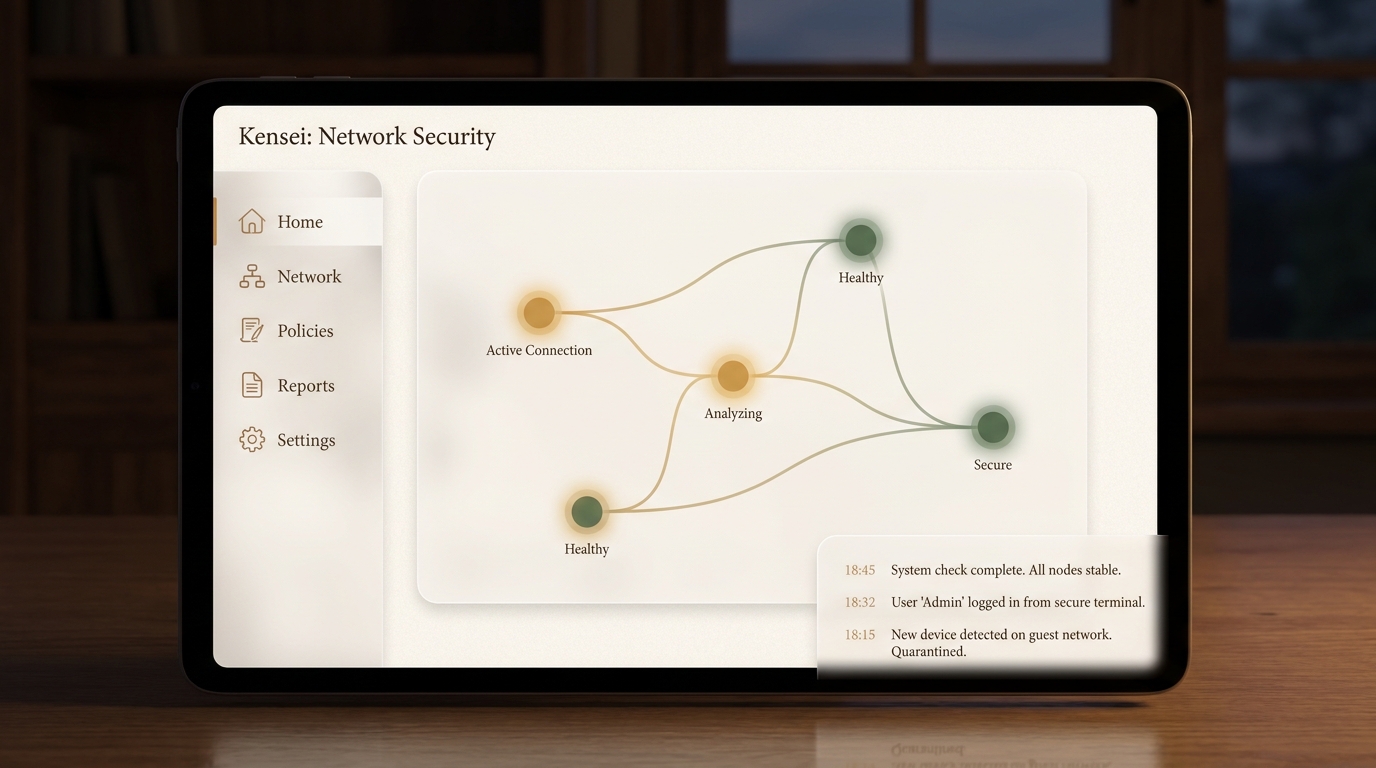 Kensei network dashboard — warm minimalist UI